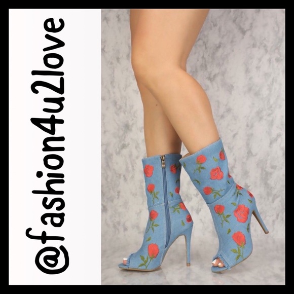 ❤️Size 6.5 Floral Embroidered Mid Calf Booties - Picture 3 of 6